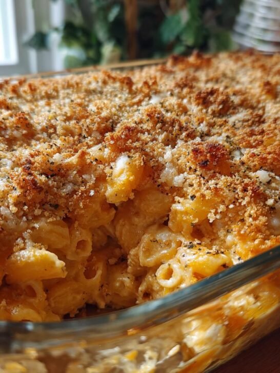 A close-up of a baked dish of Irresistible Chicken Mac and Cheese Delight with a golden-brown breadcrumb topping.
