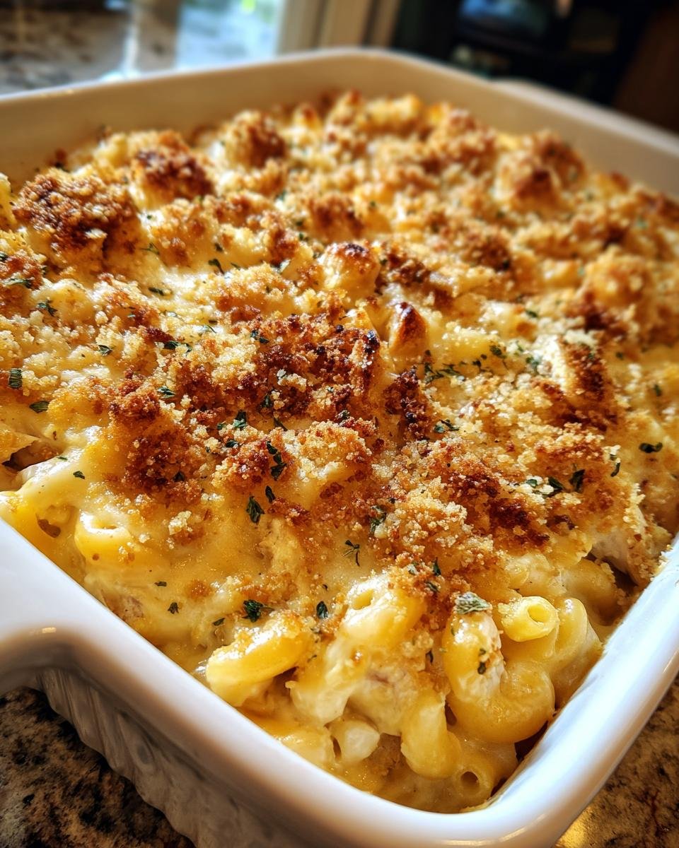 Close-up of a baked casserole dish filled with creamy chicken and mac and cheese, topped with golden breadcrumbs and herbs.