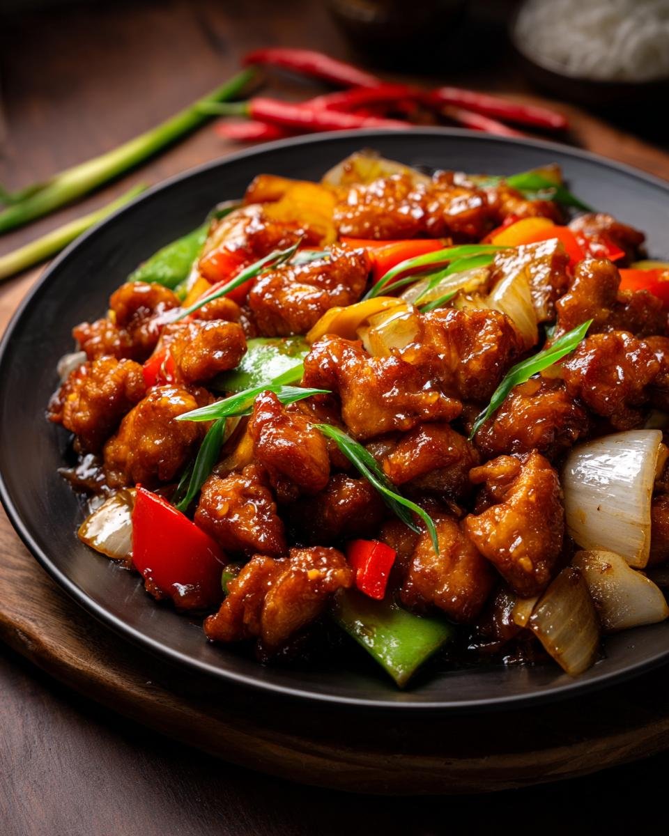 A close-up of Irresistible Chicken Stir Fry With Vegetables, featuring glazed chicken pieces and colorful bell peppers, onions, and snap peas.