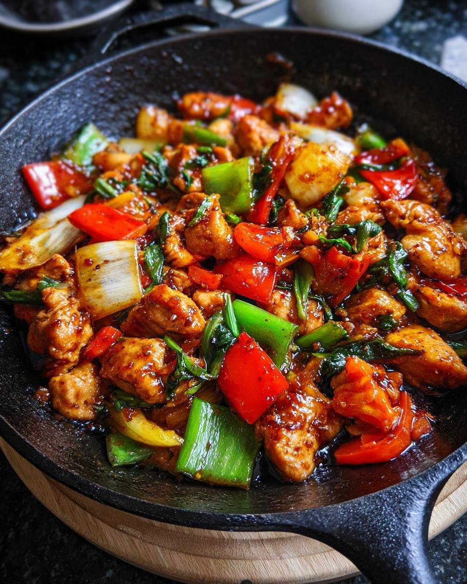 Close-up of Irresistible Chicken Stir Fry With Vegetables in a cast iron skillet, featuring tender chicken pieces and colorful bell peppers.