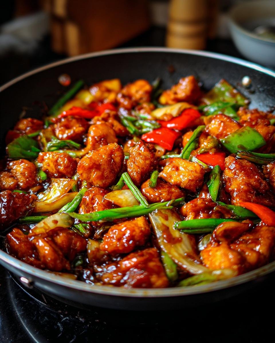 Close-up of Irresistible Chicken Stir Fry With Vegetables in a pan, featuring glazed chicken pieces, bell peppers, and green onions.