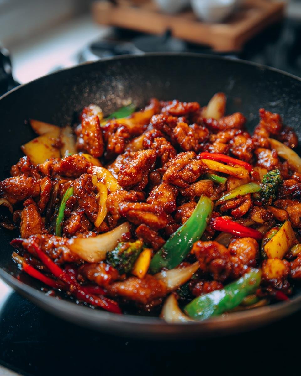 Close-up of a wok filled with Irresistible Chicken Stir Fry With Vegetables, featuring tender chicken pieces and colorful bell peppers.