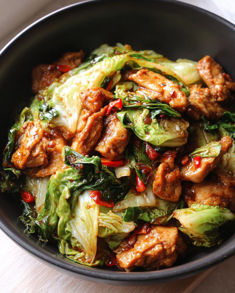 Close-up of Irresistible Chinese Chicken Cabbage Stir Fry in a black bowl, featuring tender chicken pieces and crisp cabbage.