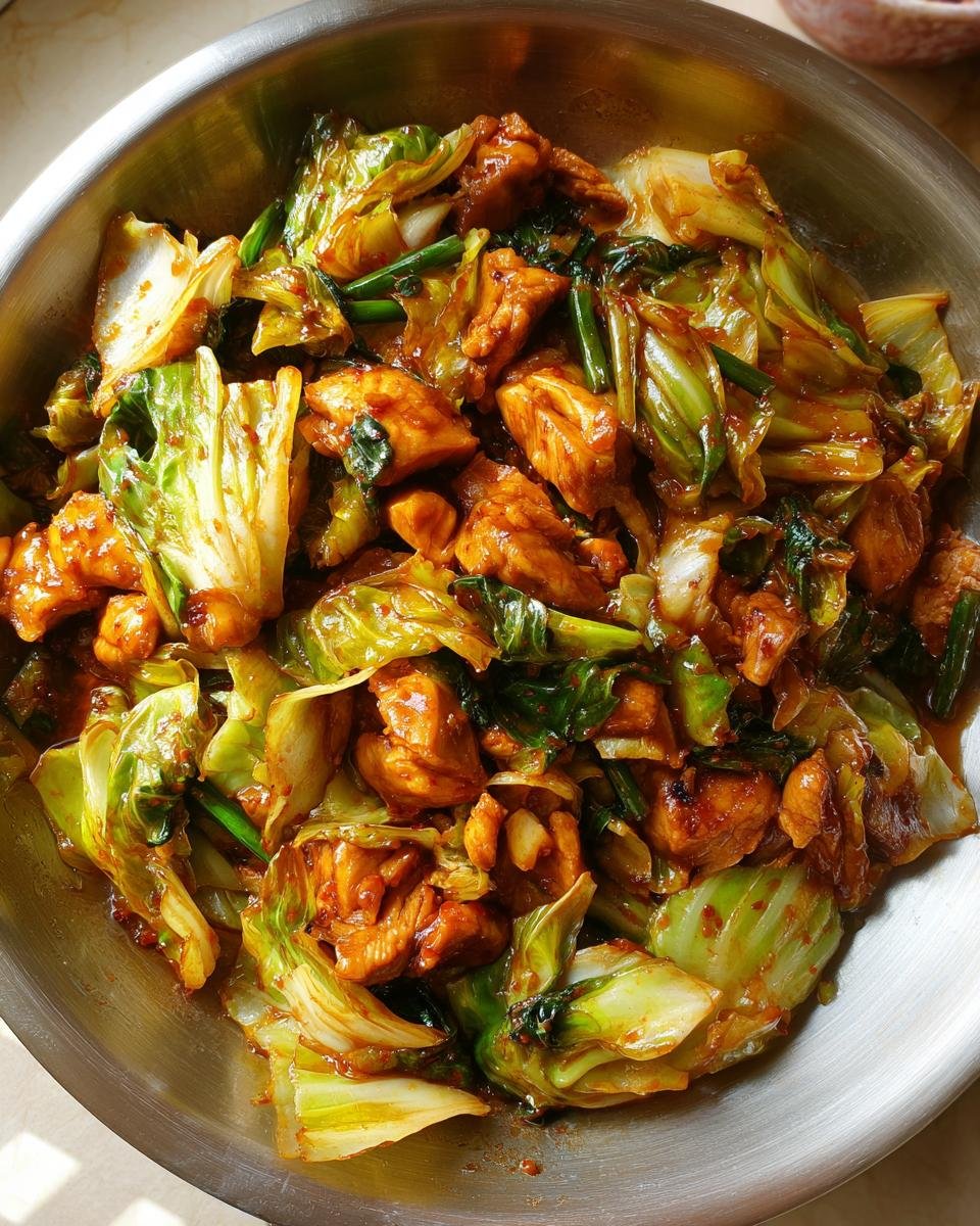 Close-up of Irresistible Chinese Chicken Cabbage Stir Fry in a metal bowl, showcasing tender chicken pieces and crisp cabbage.