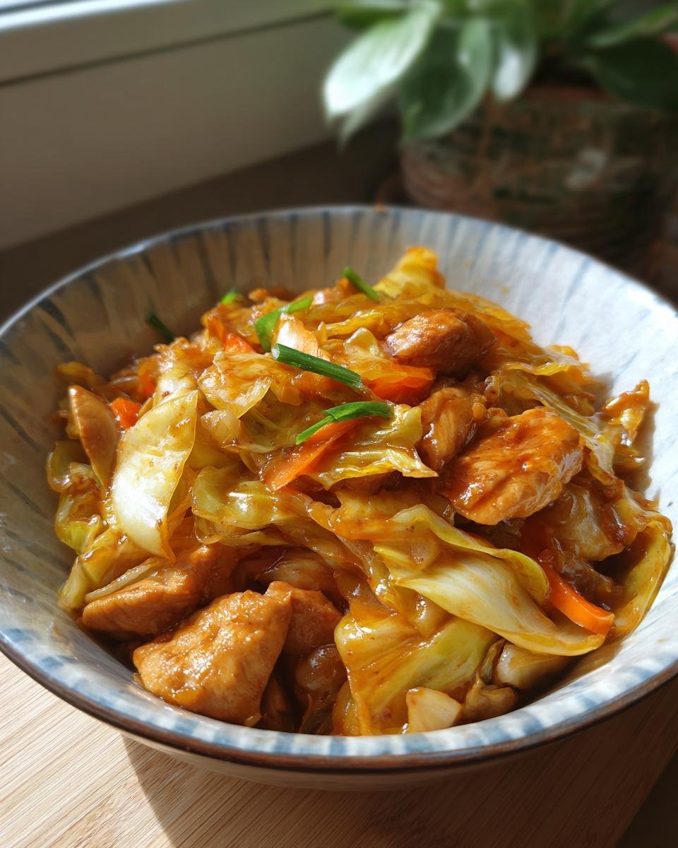 A close-up of Irresistible Chinese Chicken Cabbage Stir Fry in a bowl, featuring tender chicken pieces and crisp cabbage.