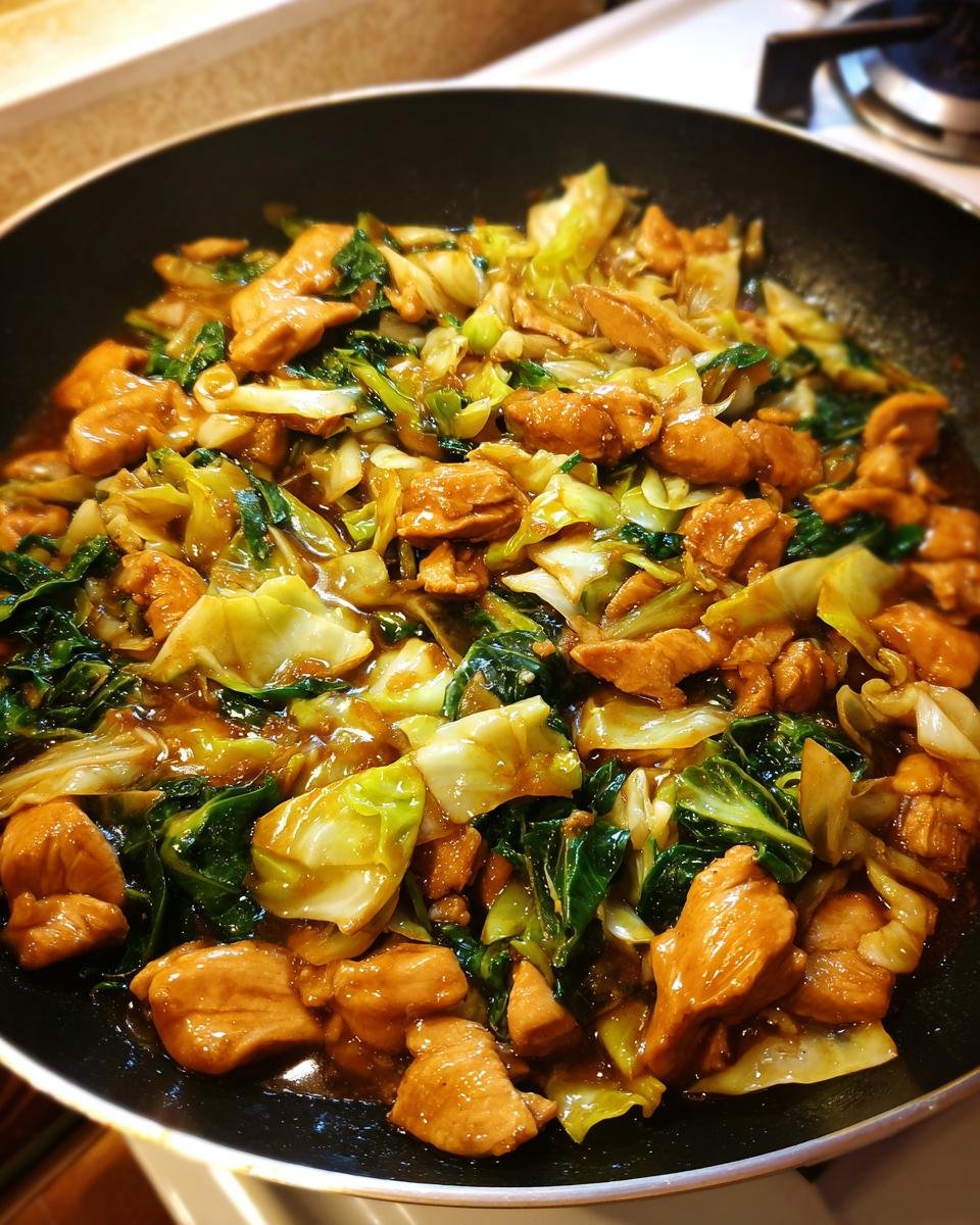 Close-up of Irresistible Chinese Chicken Cabbage Stir Fry cooking in a pan, showcasing tender chicken pieces and fresh cabbage.