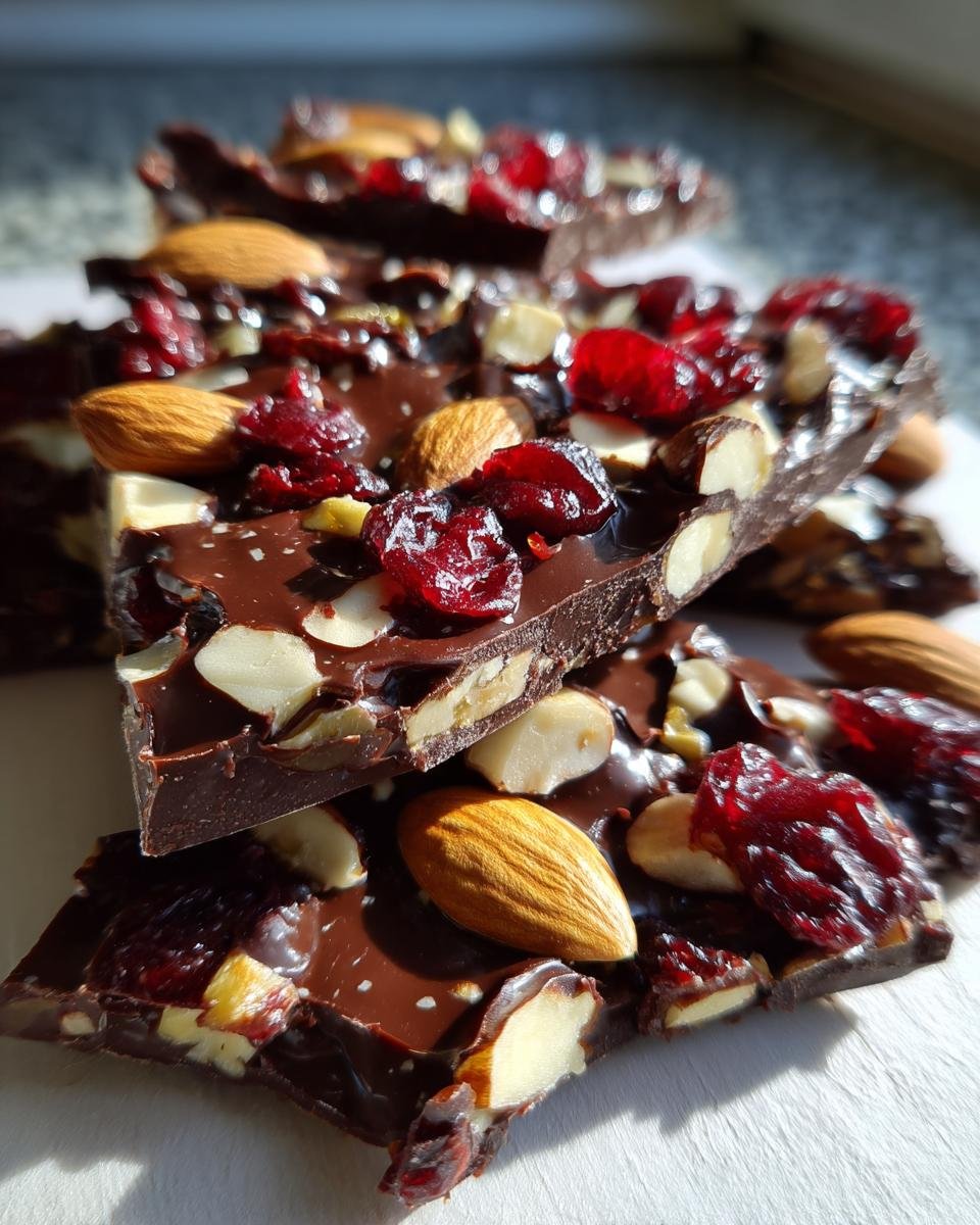 Close-up of irresistible chocolate bark pieces topped with whole almonds and dried cranberries.