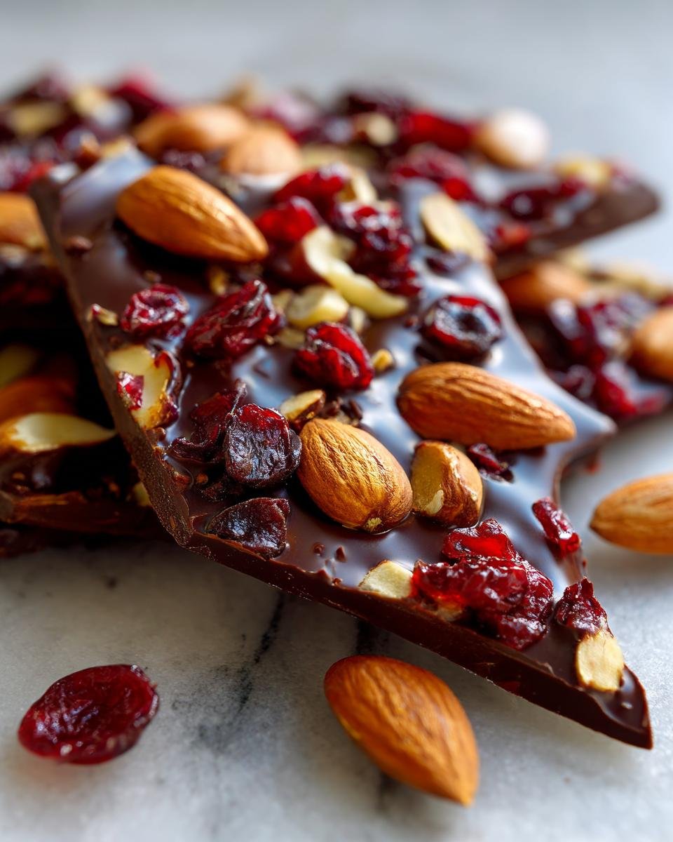 Close-up of Irresistible Chocolate Bark with dried cranberries and whole almonds scattered on top.