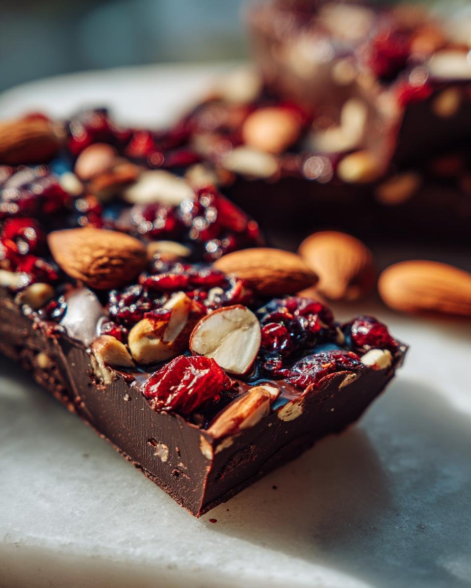 Close-up of a piece of Irresistible Chocolate Bark, topped with whole almonds, chopped nuts, and dried cranberries.