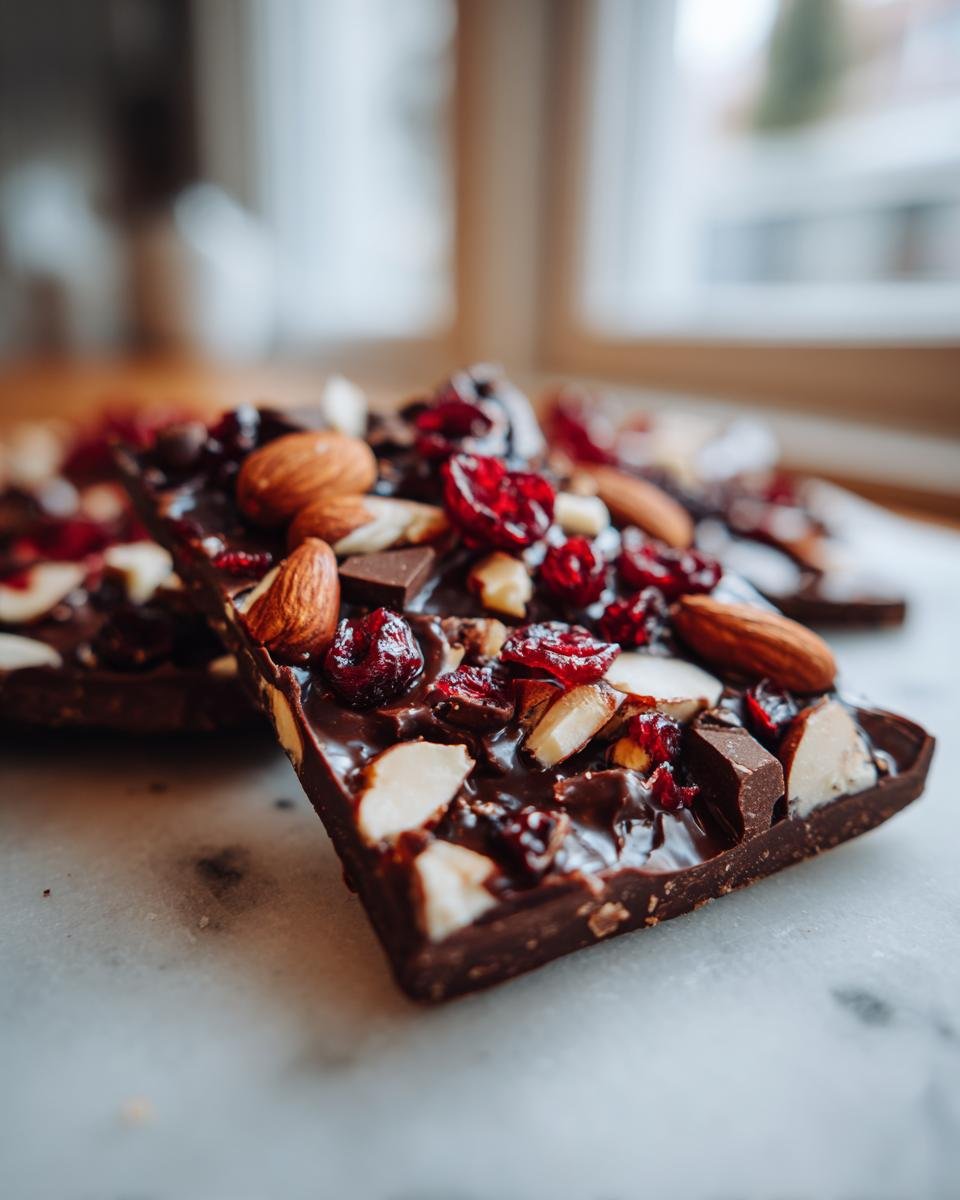 Close-up of irresistible chocolate bark topped with almonds, sliced almonds, and dried cranberries.