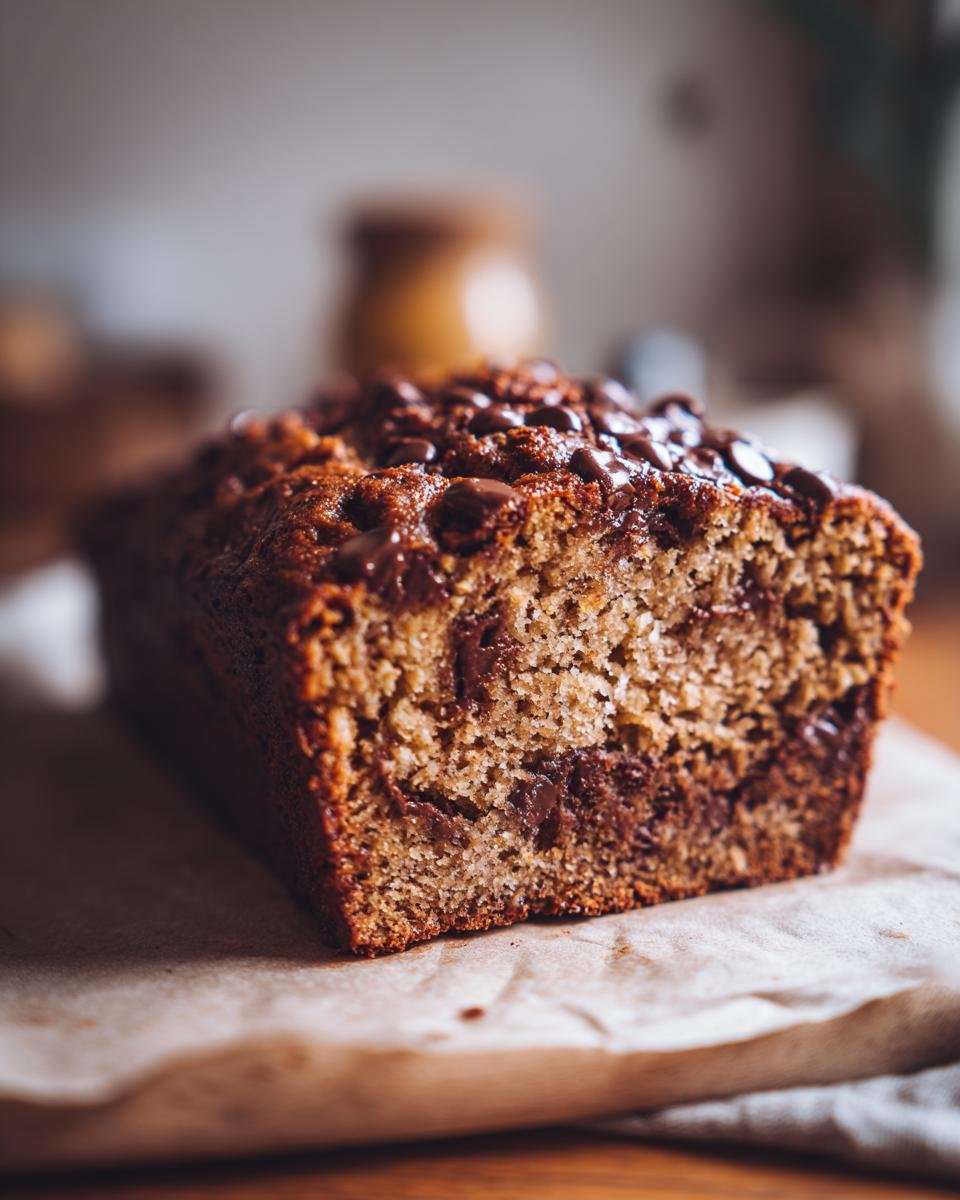 Close-up of a freshly baked Irresistible Chocolate Chip Banana Bread loaf, showcasing melted chocolate chips.