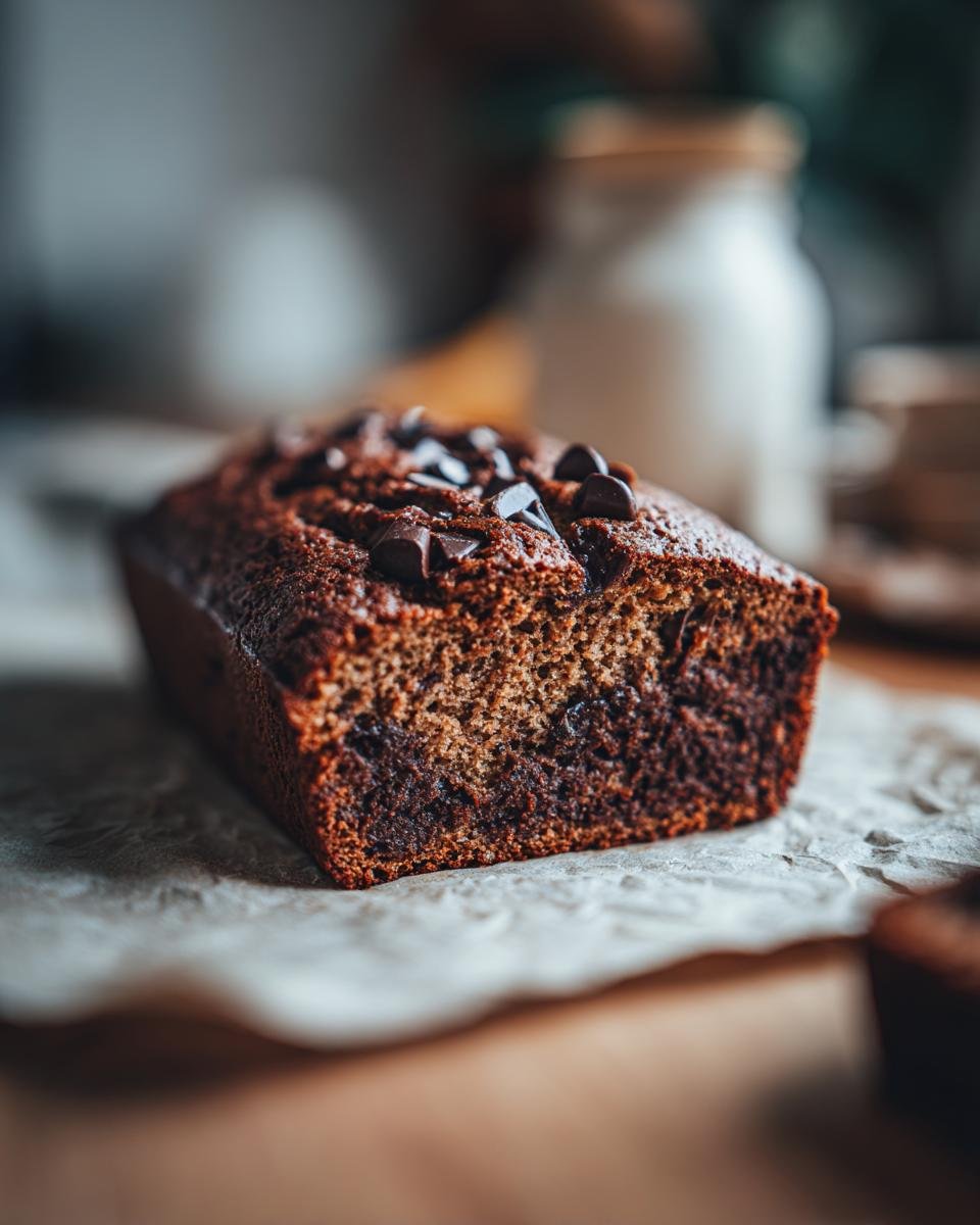 Close-up of an irresistible chocolate chip banana bread loaf, topped with chocolate chips.