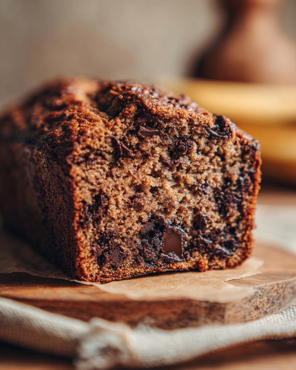 Close-up of a slice of Irresistible Chocolate Chip Banana Bread, showing moist crumb and melted chocolate chips.