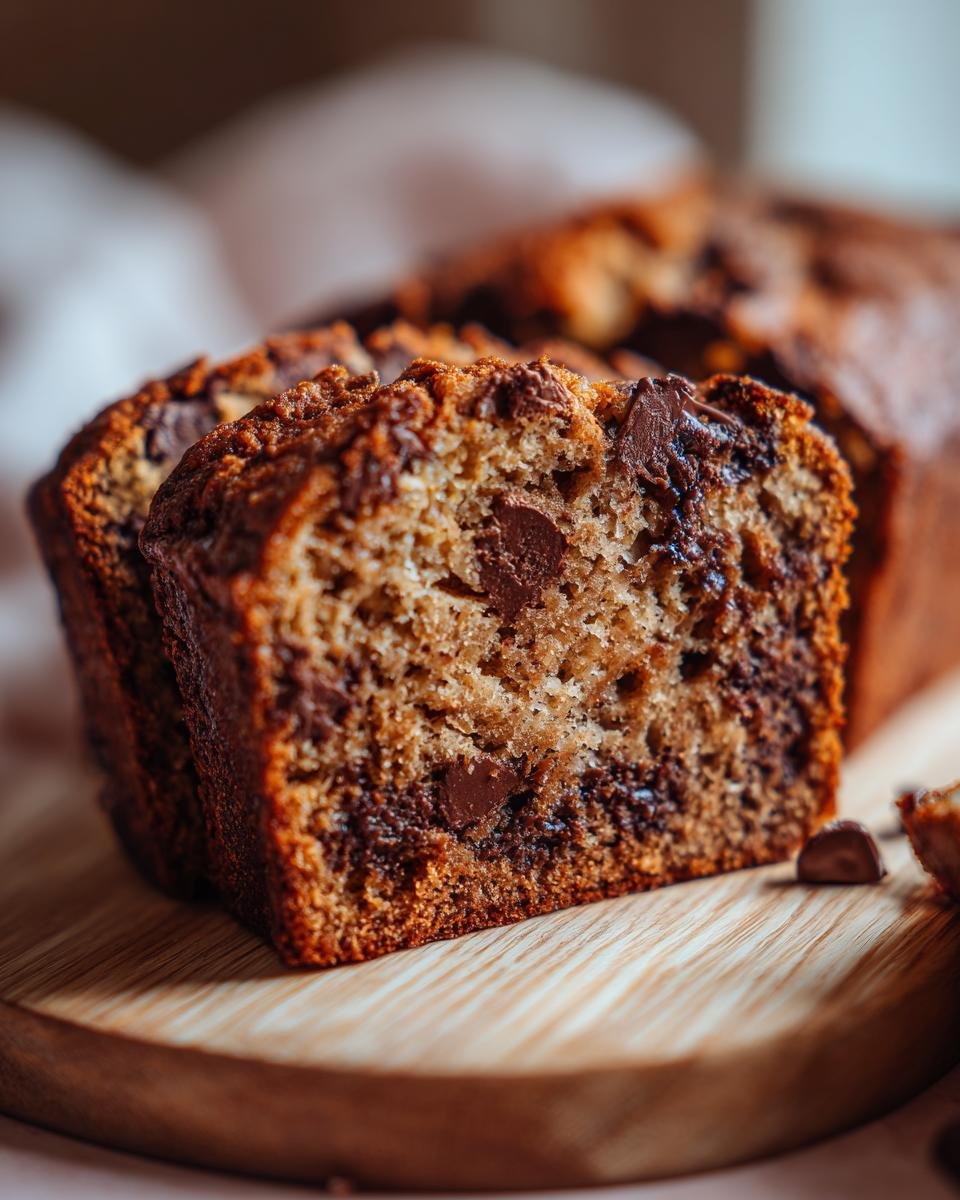 Close-up of a moist slice of Irresistible Chocolate Chip Banana Bread, showcasing melted chocolate chips.