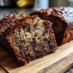 Close-up of moist Irresistible Chocolate Chip Banana Bread slices on a wooden board, showing rich chocolate chips throughout.