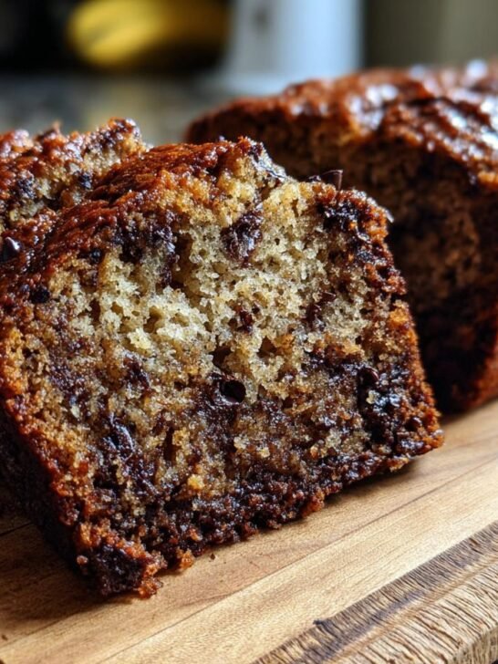 Close-up of moist Irresistible Chocolate Chip Banana Bread slices on a wooden board, showing rich chocolate chips throughout.