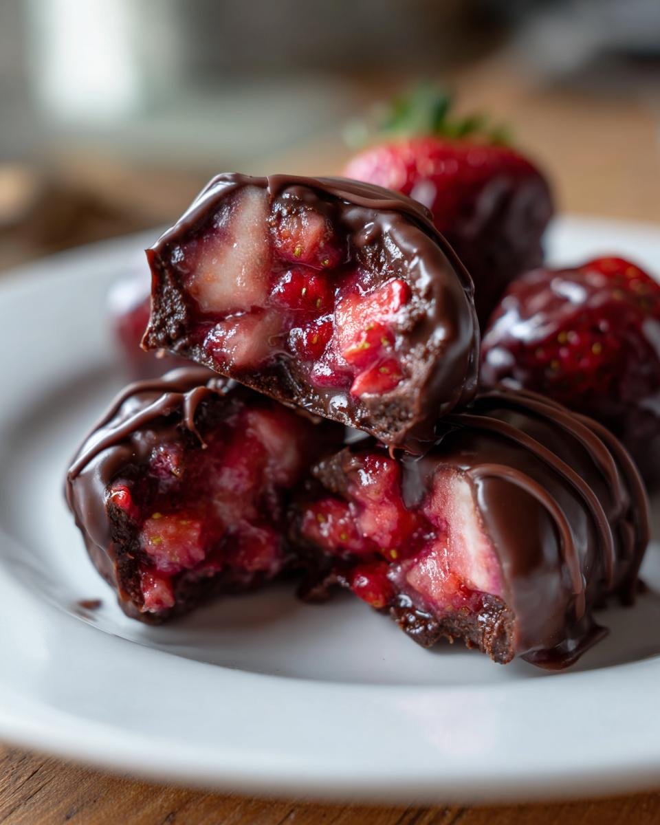 Close-up of Irresistible Chocolate Covered Strawberry Yogurt Clusters, showing a bite taken out to reveal fresh strawberries and creamy yogurt inside.