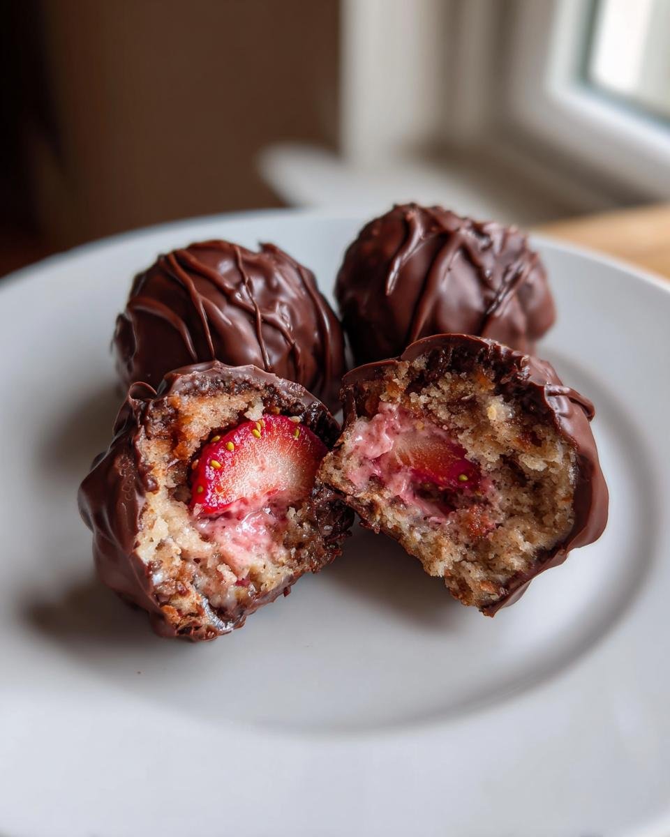 Close-up of Irresistible Chocolate Covered Strawberry Yogurt Clusters, one cut in half revealing strawberry and creamy filling.
