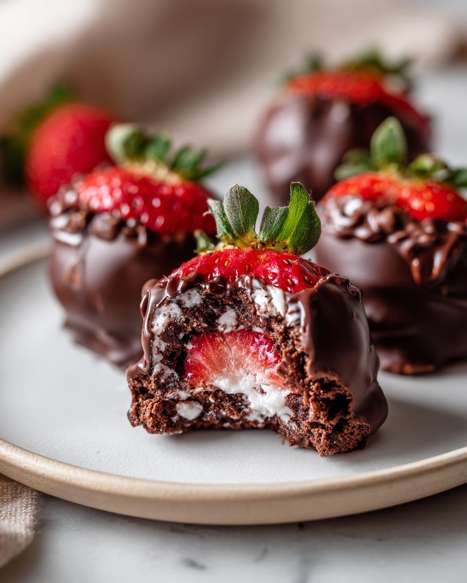 Close-up of an Irresistible Chocolate Covered Strawberry Yogurt Cluster with a bite taken out, revealing the creamy yogurt and strawberry filling.