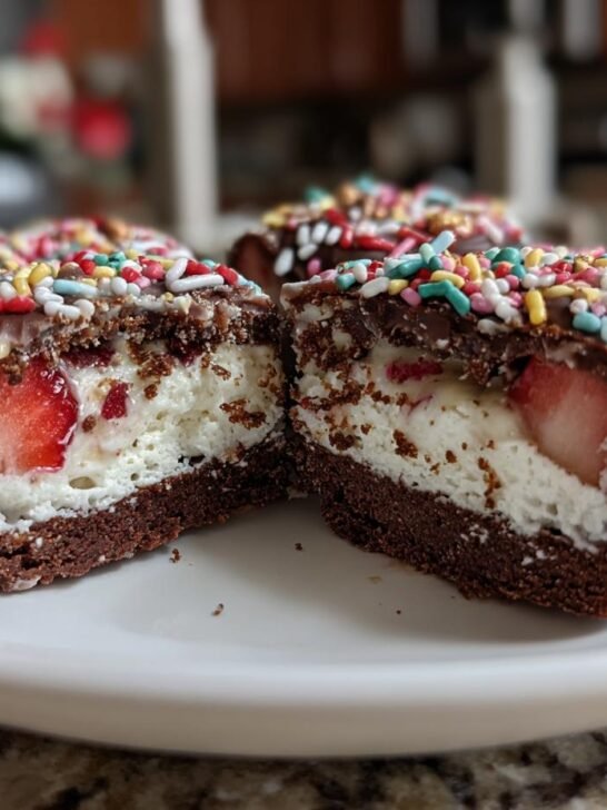 Close-up of Irresistible Chocolate Covered Strawberry Yogurt Clusters, showing a cross-section with fresh strawberries and yogurt filling, topped with colorful sprinkles.