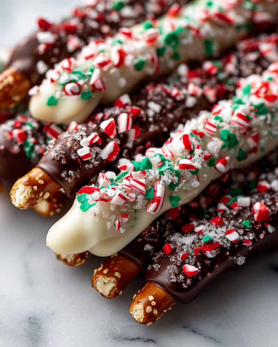 Close-up of Irresistible Christmas Pretzels dipped in dark and white chocolate, generously topped with crushed candy canes and festive sprinkles.