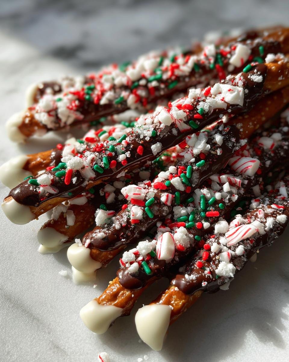 Close-up of Irresistible Christmas Pretzels dipped in dark chocolate, drizzled with white chocolate, and topped with crushed candy cane and festive sprinkles.