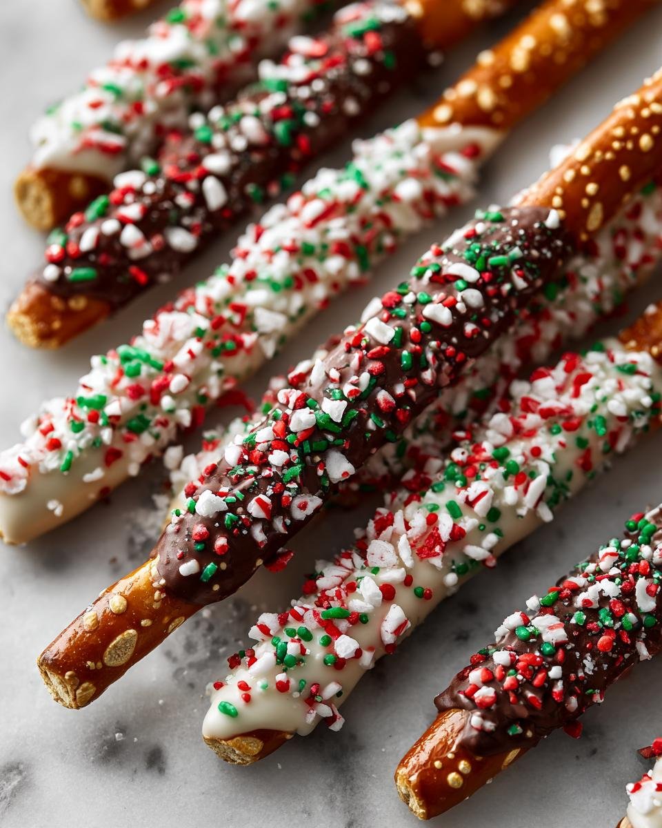Close-up of Irresistible Christmas Pretzels dipped in white and dark chocolate with red, green, and white festive sprinkles.