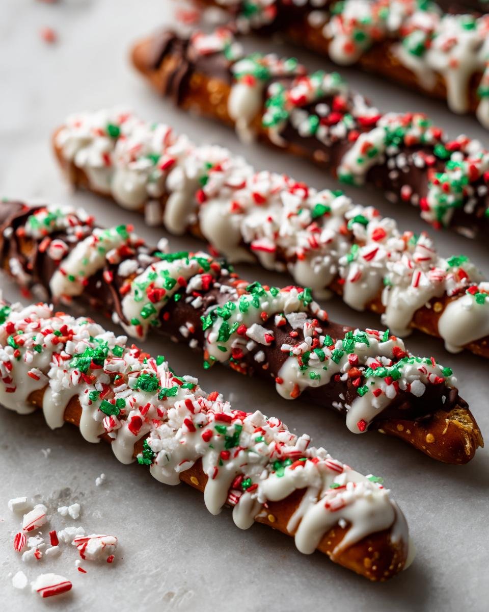 Close-up of Irresistible Christmas Pretzels dipped in chocolate and white icing, decorated with red, white, and green sprinkles.