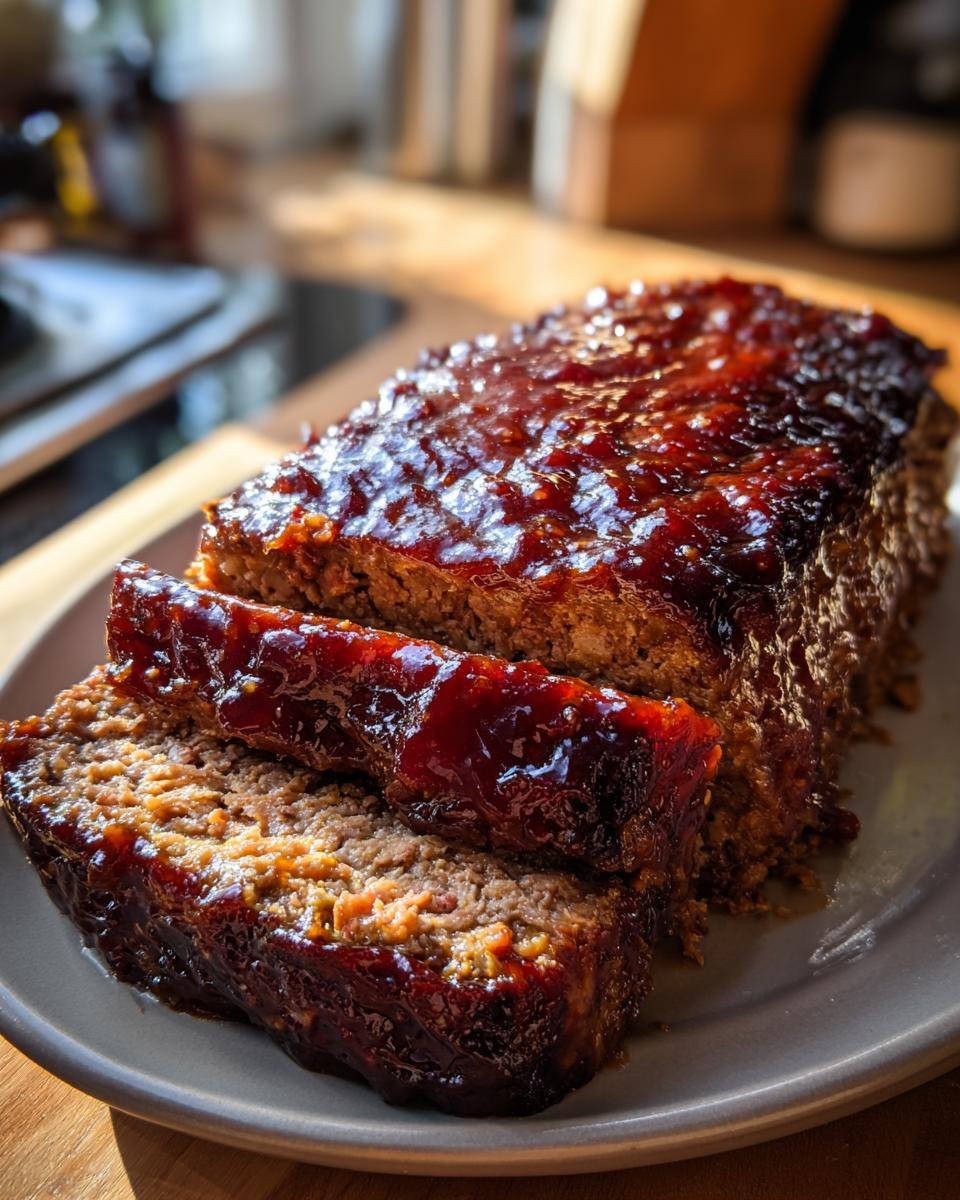 Close-up of a sliced Irresistible Cracker Barrel Meatloaf Recipe covered in a glossy glaze.