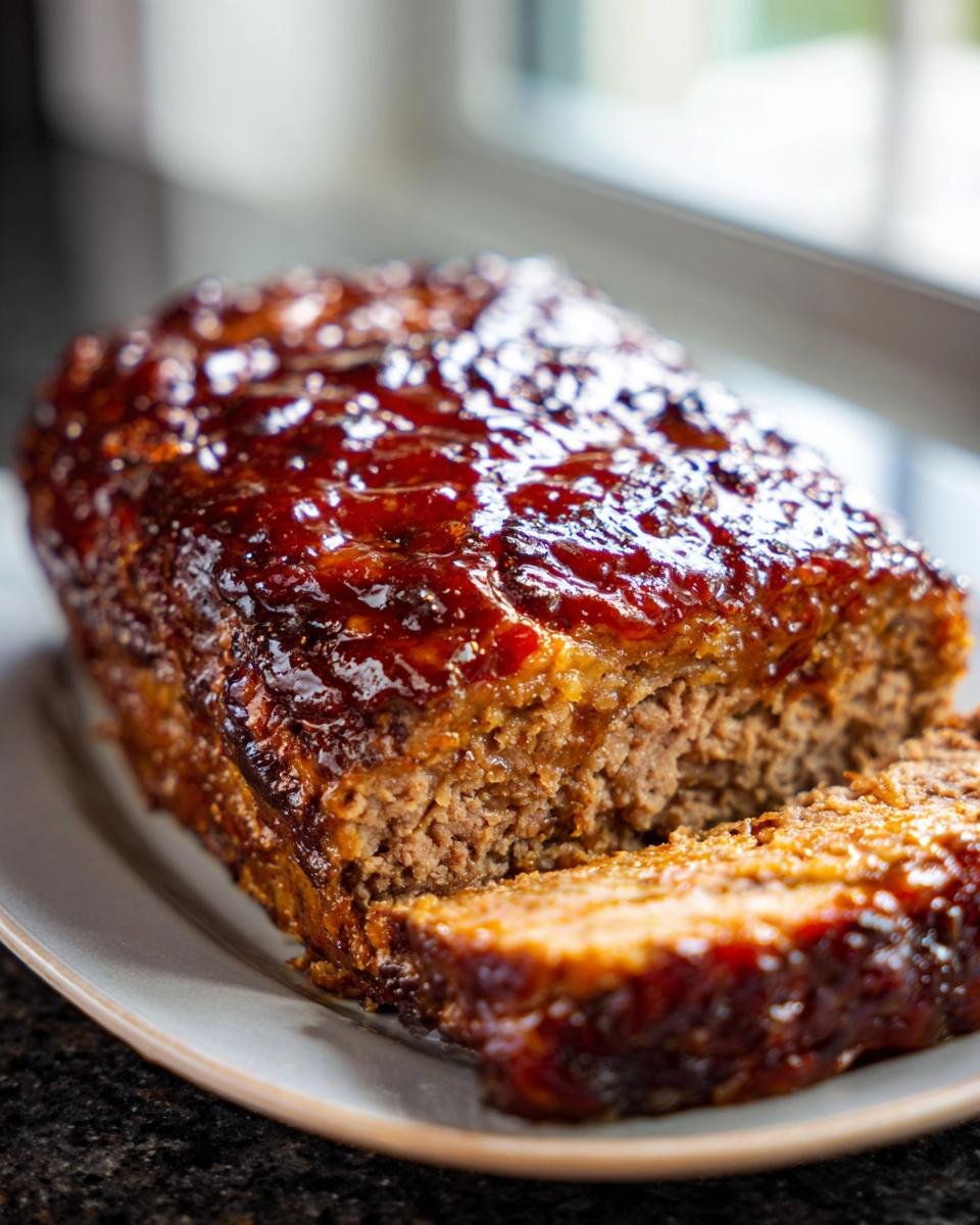 A close-up of an Irresistible Cracker Barrel Meatloaf Recipe, glazed with a rich, glossy sauce and sliced.