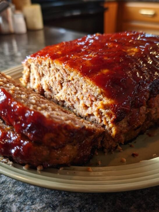 A delicious slice of Irresistible Cracker Barrel Meatloaf Recipe, glazed with a rich, glossy sauce.