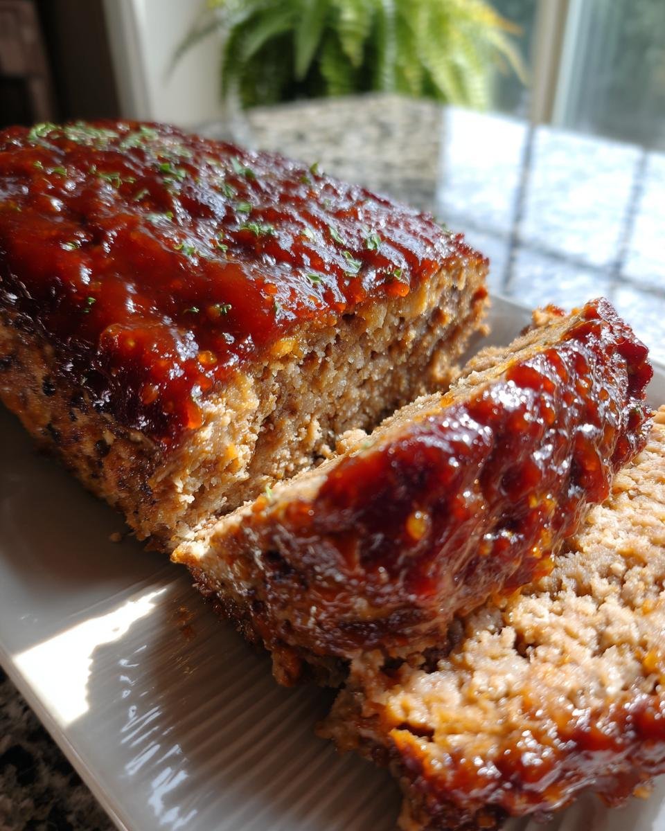 Close-up of a sliced Irresistible Cracker Barrel Meatloaf Recipe topped with a glossy glaze and parsley.