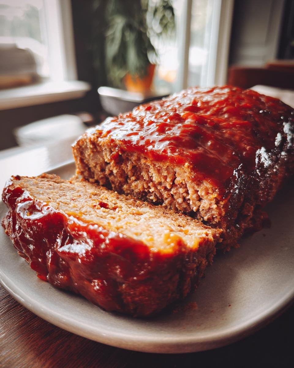 Close-up of a slice of Irresistible Cracker Barrel Meatloaf Recipe, glazed with a rich tomato sauce.