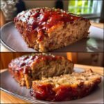 A close-up of a slice of Irresistible Cracker Barrel Meatloaf Recipe Comfort Food, glazed with a rich sauce and sprinkled with herbs.