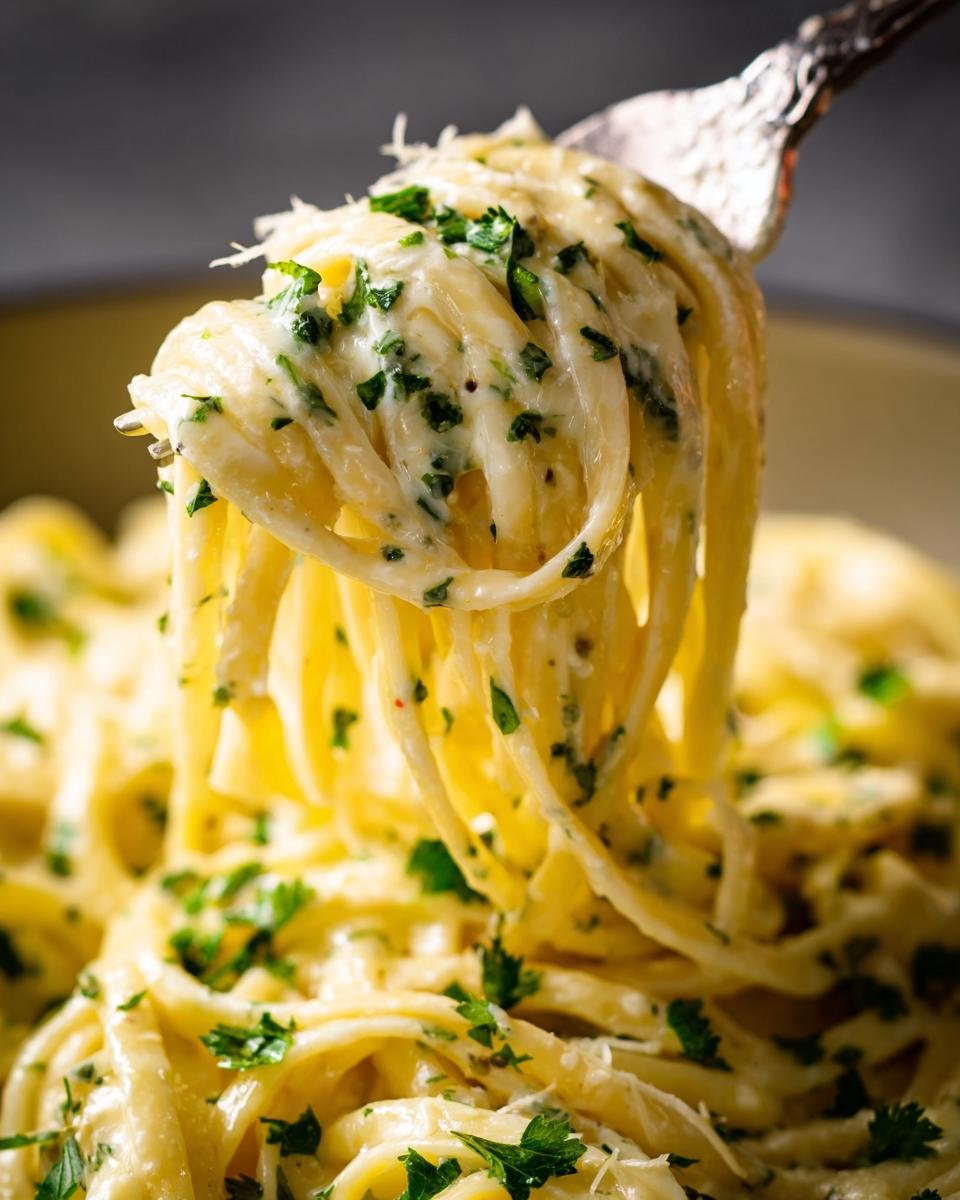 A fork twirls fettuccine coated in an Irresistible Creamy Garlic Sauce Recipe, garnished with parsley.
