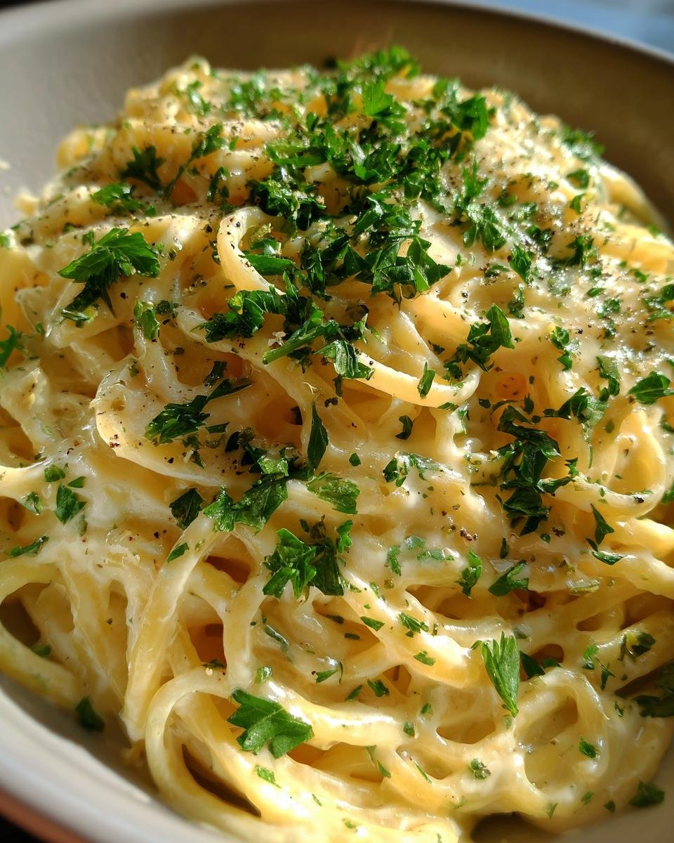 Close-up of spaghetti coated in irresistible creamy garlic sauce, garnished with fresh parsley and black pepper.