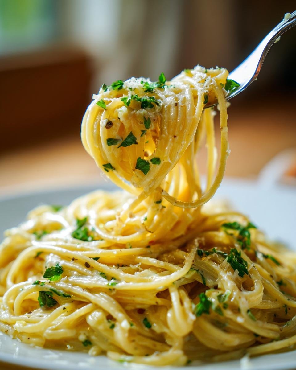 A fork lifting a swirl of spaghetti coated in Irresistible Creamy Garlic Sauce, garnished with parsley and cheese.