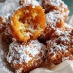 A close-up of Irresistible Funnel Cake Bites dusted generously with powdered sugar.