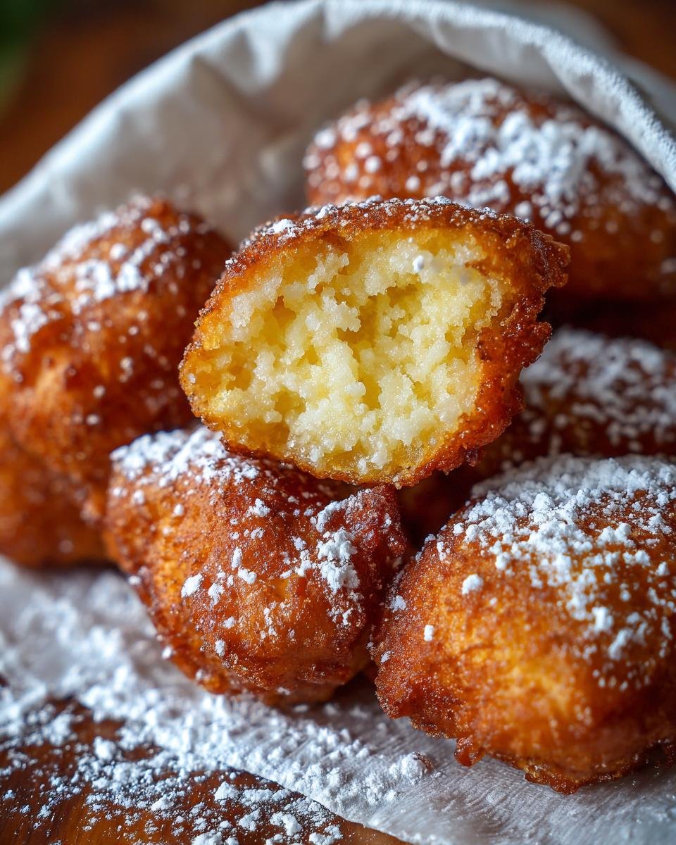 A close-up of Irresistible Funnel Cake Bites dusted with powdered sugar, one bite is broken open.