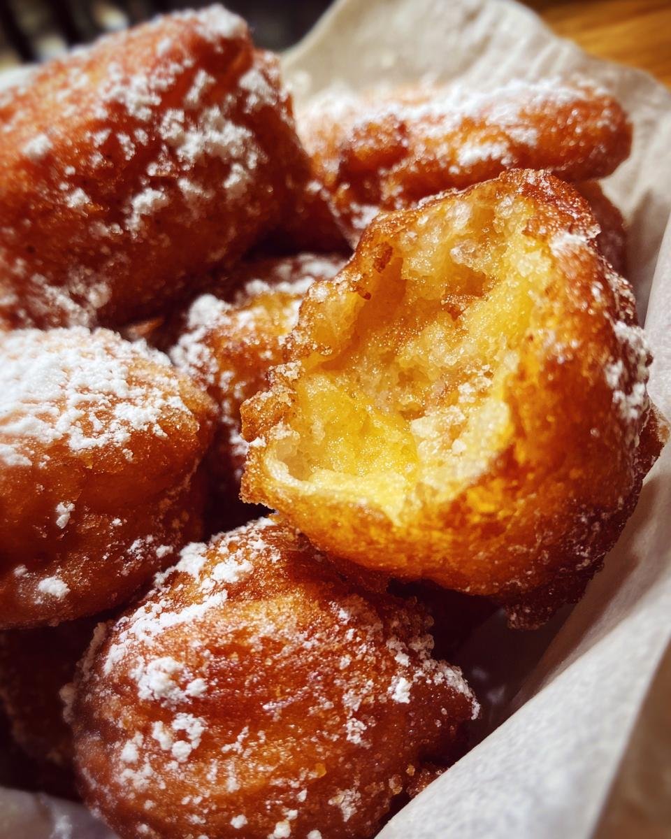A close-up of Irresistible Funnel Cake Bites dusted with powdered sugar, with one bite broken open.