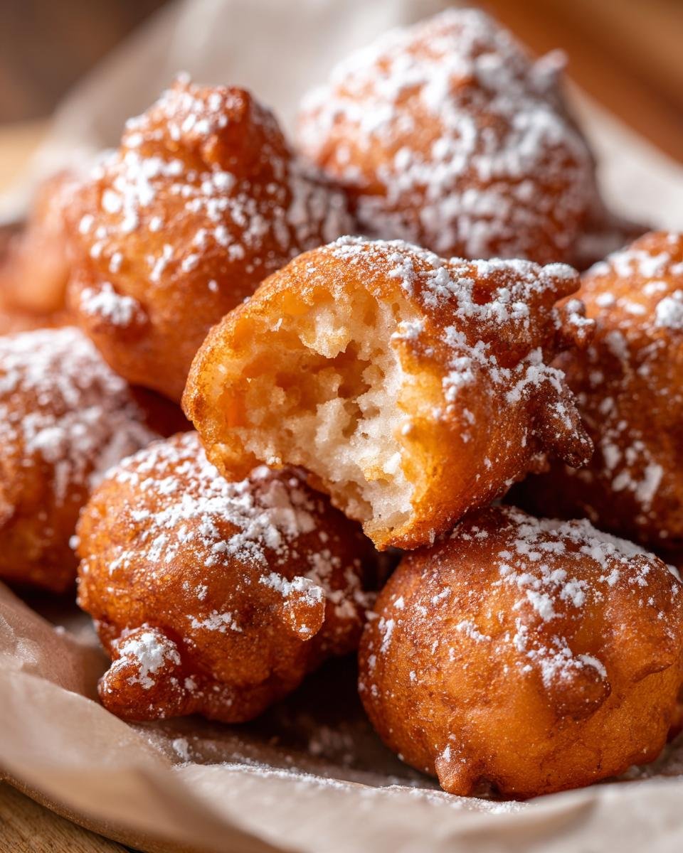 A close-up of Irresistible Funnel Cake Bites dusted with powdered sugar, one bite taken out.