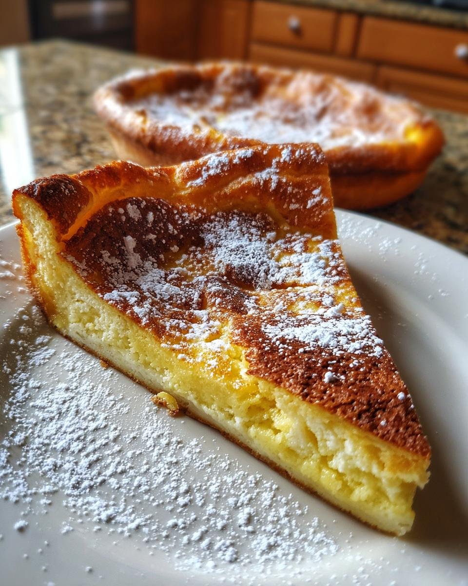 A slice of Irresistible German Pancake, dusted with powdered sugar, on a white plate.