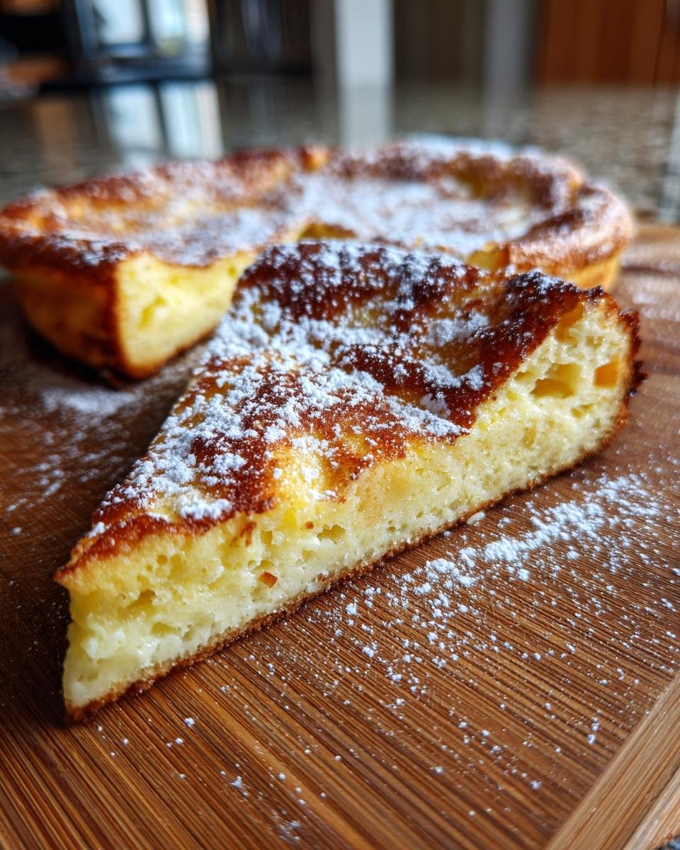 A slice of Irresistible German Pancake, dusted with powdered sugar, on a wooden board.