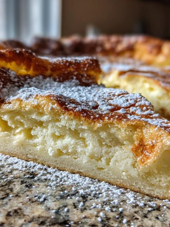 A close-up of a slice of Irresistible German Pancake, dusted with powdered sugar, on a granite countertop.