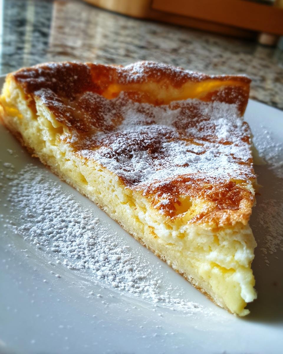 A slice of Irresistible German Pancake, dusted with powdered sugar, on a white plate.
