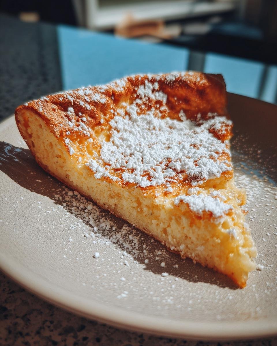 A slice of Irresistible German Pancake, golden brown and dusted with powdered sugar, on a light gray plate.