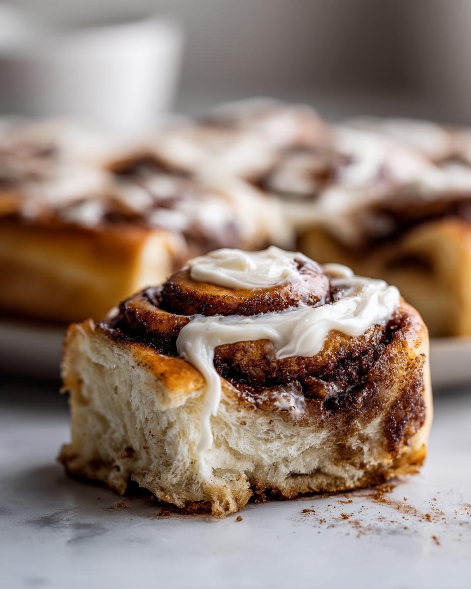 Close-up of an Irresistible Gingerbread Spice Cinnamon Roll with creamy maple frosting.
