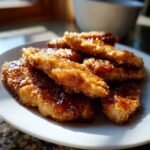 A close-up of Irresistible Hot Honey Chicken Tenders, coated in a glistening sauce on a white plate.