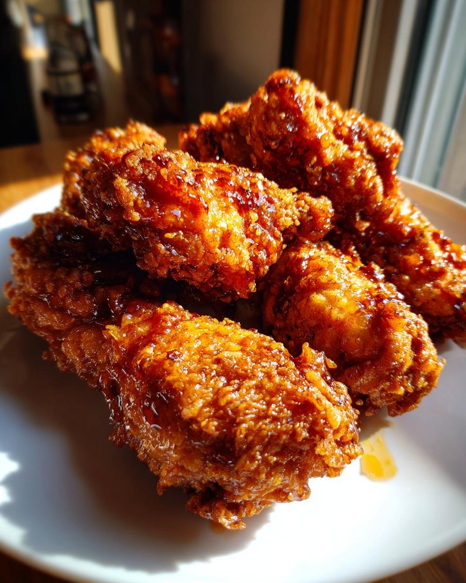 A close-up of crispy, golden-brown Irresistible Hot Honey Chicken Tenders coated in a glistening sauce.