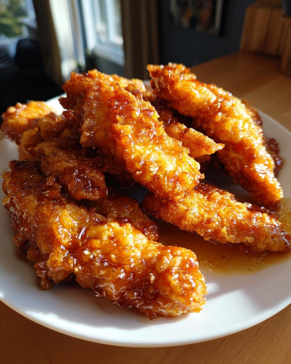 A pile of golden-brown, crispy Irresistible Hot Honey Chicken Tenders glazed with a shiny hot honey sauce.